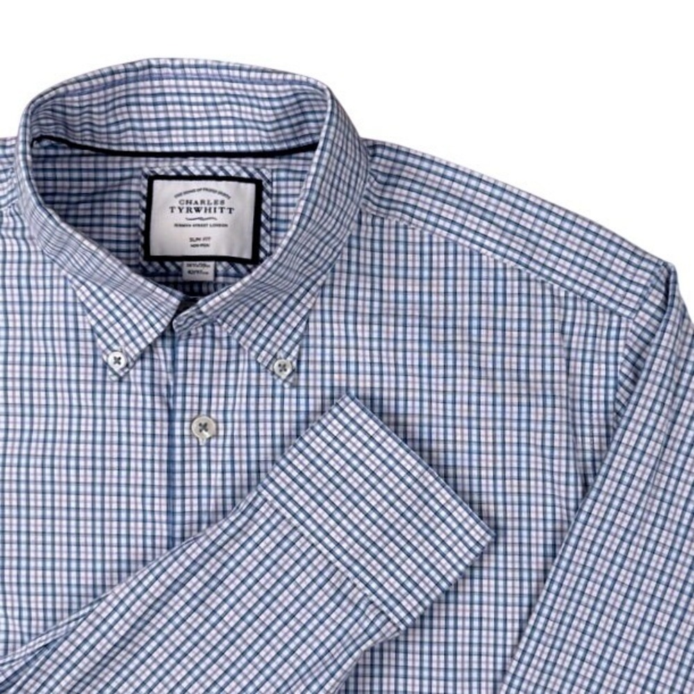 Charles Tyrwhitt Slim Fit Non-Iron Shirt Blue White Micro Check 16.5 38 Mens